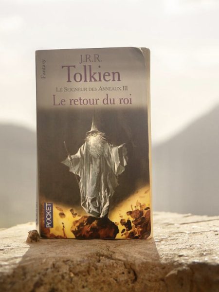Le Retour du roi de J. R. R. Tolkien, posé sur un rocher face aux montagnes